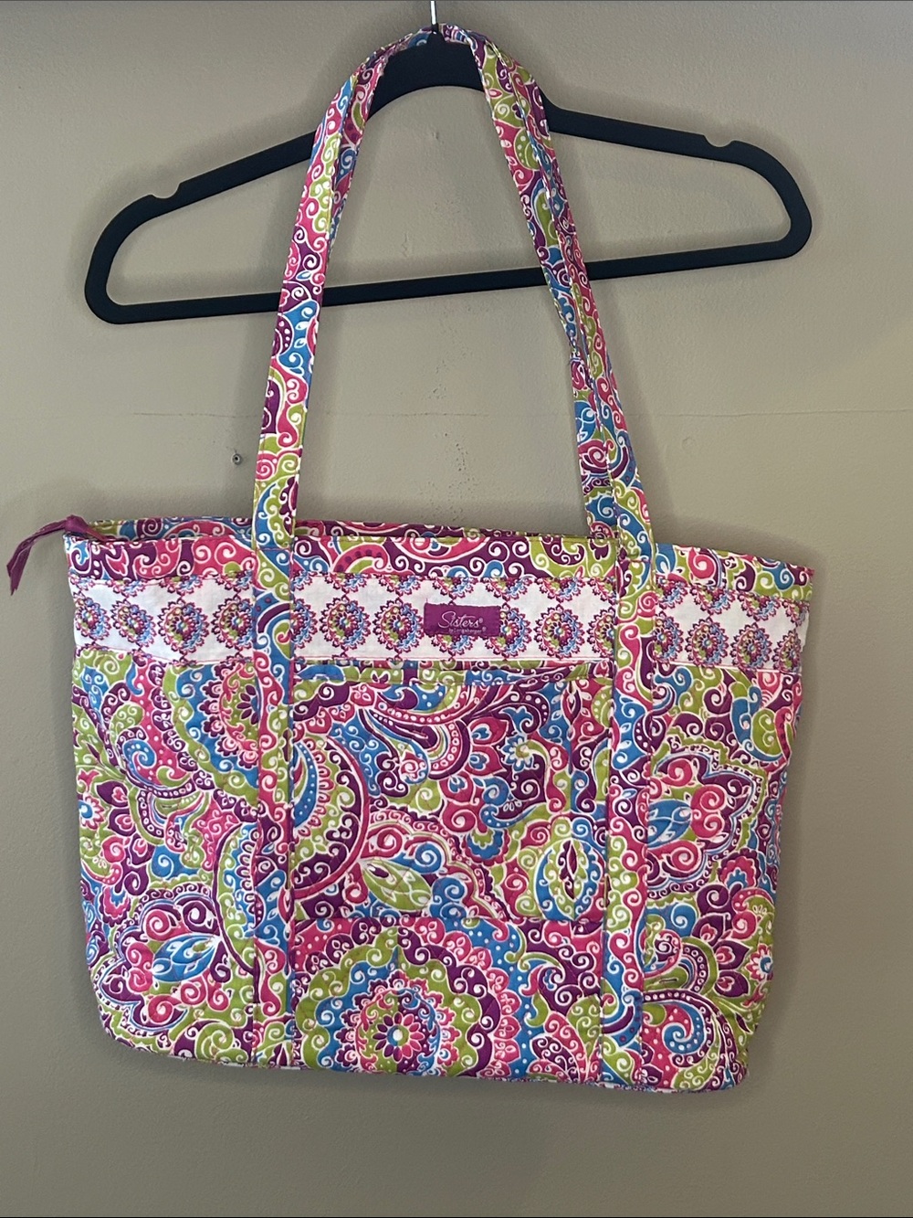 Bright Pink Paisley Quilted Tote Bag with Green & Blue Accents